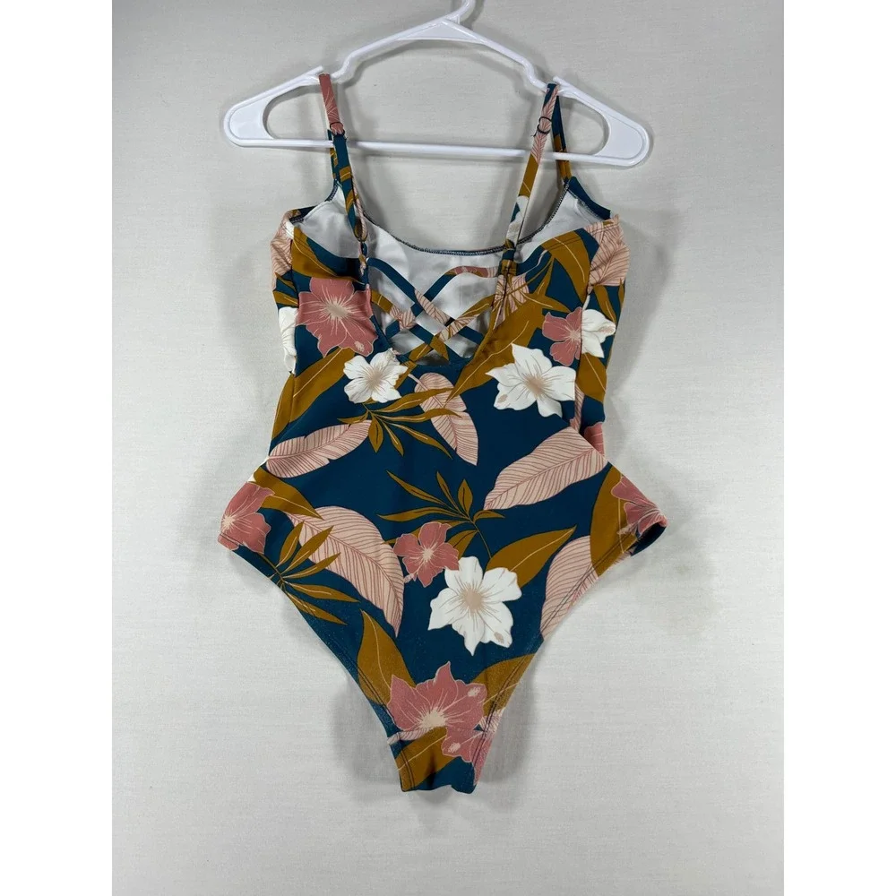 Kona Sol Womens Small Teal Tropical Floral Lace Up Back One Piece Swimsuit